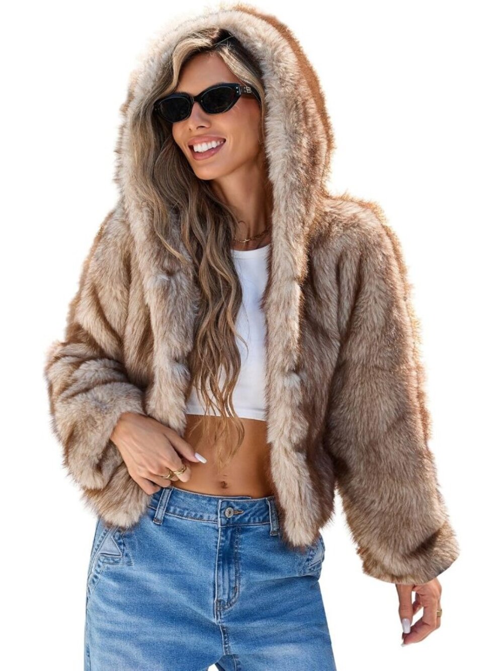 Cropped Faux Fur Hooded Jacket for Women | Fluffy Open Front Coat